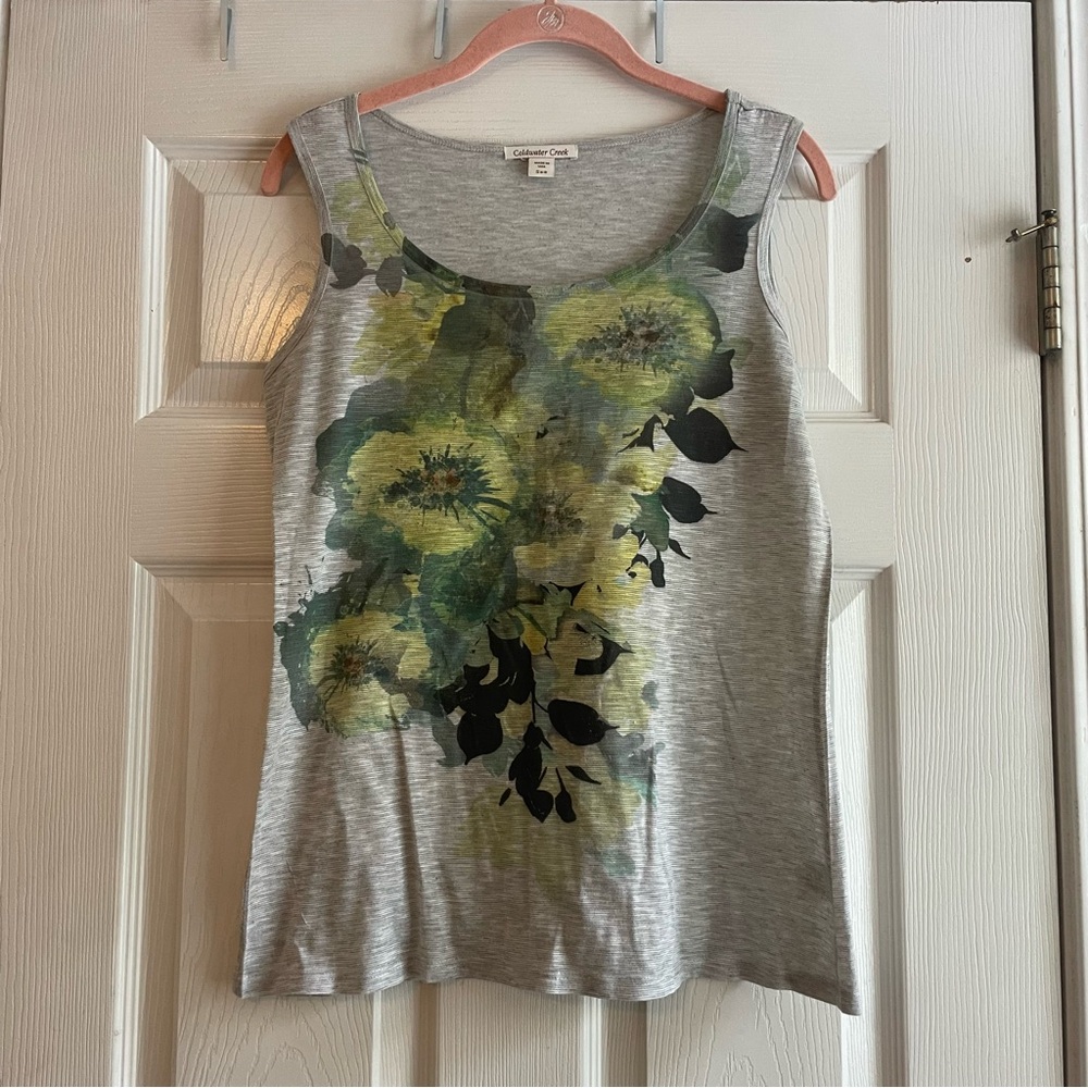 Coldwater Creek Small 6/8 Gray Tank Top Green Floral Detail